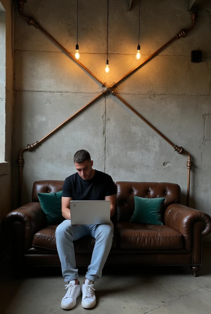 A stylish, industrial-inspired lounge where a young man sits on a vintage dark brown leather sofa, absorbed in his laptop. The room features textured gray concrete walls adorned with geometric copper piping that intersects sharply across the wall, creating a unique modern-art backdrop. Above him, two exposed filament pendant lights hang, casting warm, atmospheric light that highlights the aged texture of the leather and the subtle green velvet pillows. His outfit—black tee, light-wash jeans, and white sneakers—adds a clean, contemporary touch to the retro setting.

Details:

Lighting: Warm and ambient, creating soft shadows and a moody atmosphere.
Camera Angle: Wide shot, slightly tilted to emphasize the lines of the wall and subject’s posture.
Mood: Cozy, stylish, and industrial.
Color Palette: Warm earth tones – browns, grays, copper, and deep green.
Artistic Style: Interior photography with a focus on industrial design and minimalistic fashion.
Depth of Field: Shallow (sharp focus on subject and immediate surroundings, subtly blurred edges).
