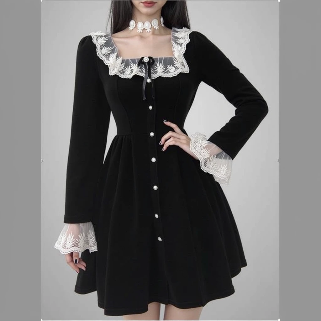 Super cute black hair，Black Lolita dress girl. 8K ultra-high quality, Delicate texture, Pure white background，（Wear black pantyhose），Show long legs，sit on the chair，18-year-old girl