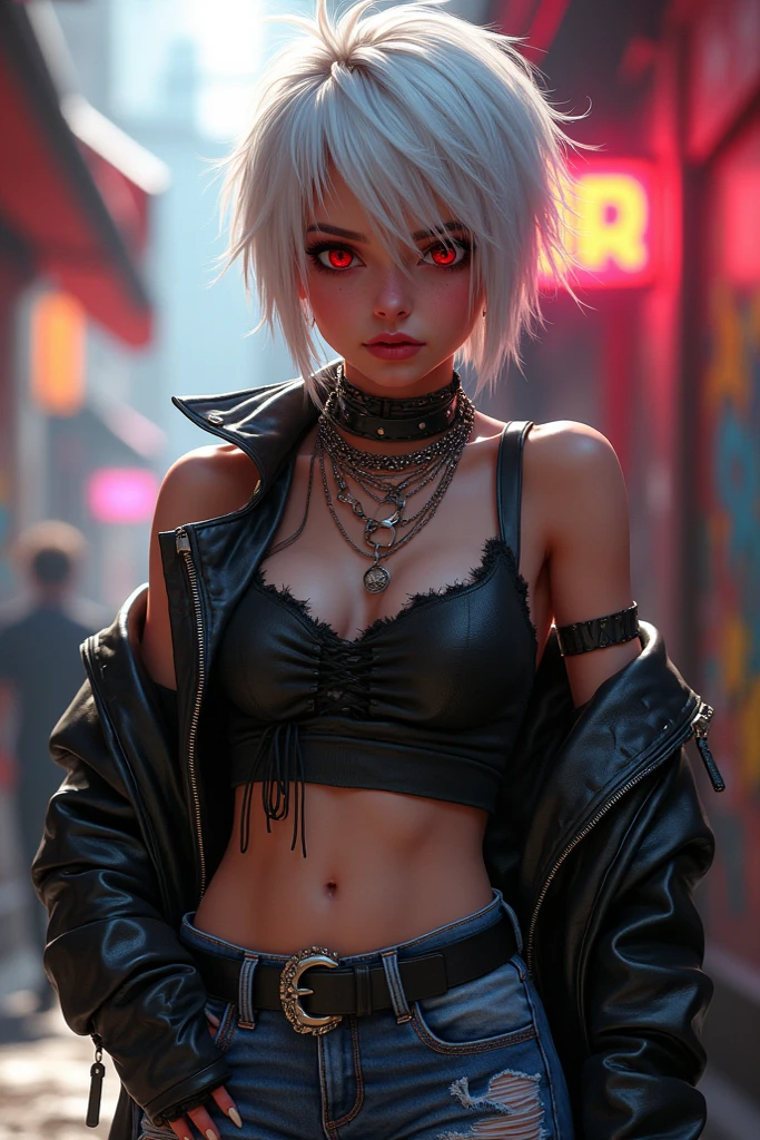 cyber punk edgerunners, One person, Lucy (cyber punk), Exposing shoulders, blue eyes, chest, leotard, View your viewers, medium chest, Off the shoulderジャケット, Off the shoulder, Red eyeliner, short hair, sleeveless turtleneck leotard, alone, turtleneck leotard, Gray Hair, ((masterpiece)) (Highest quality, masterpiece)