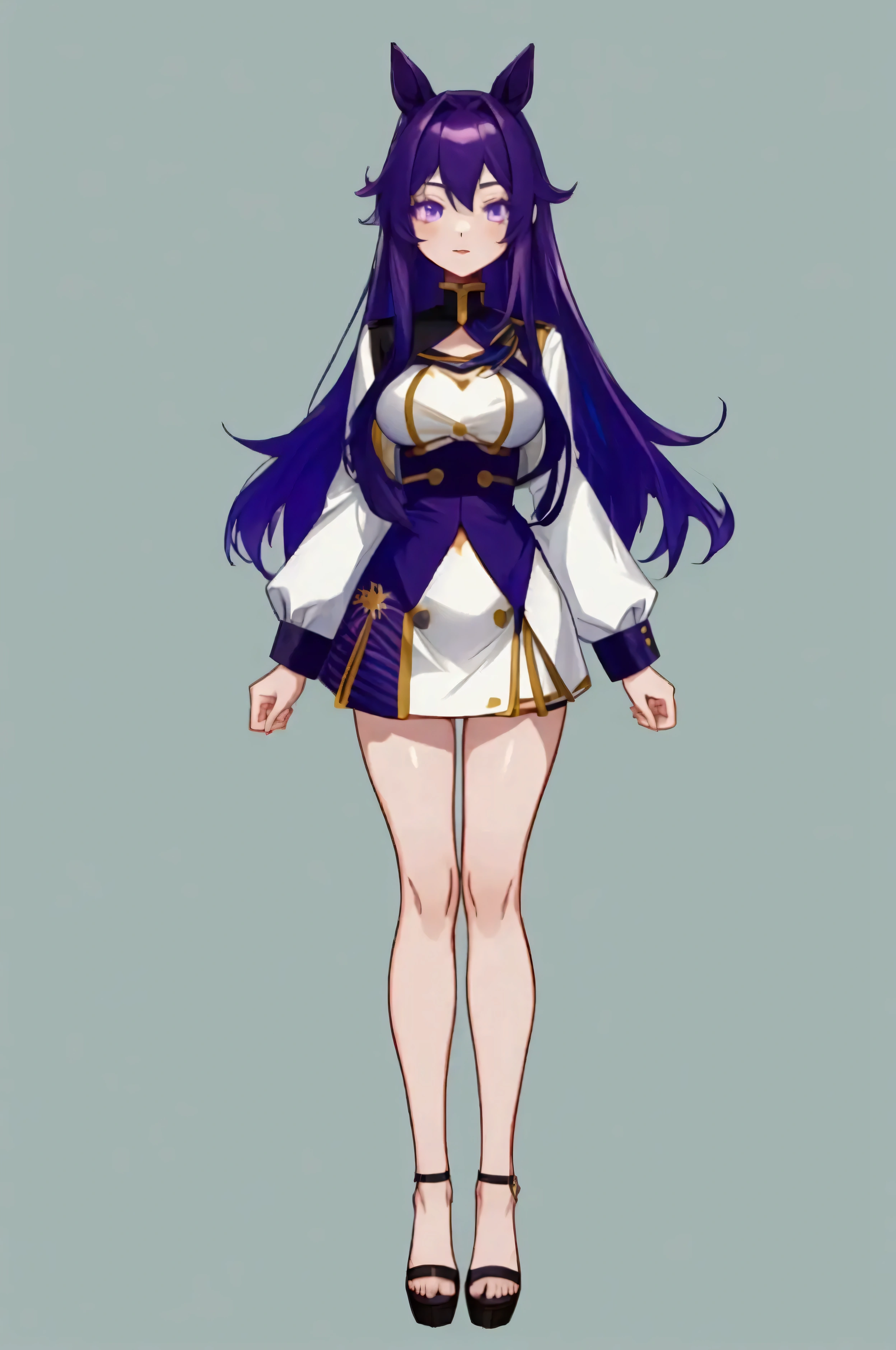 (full body), ((simple blue chroma background)), 22-year-old long straight purple hair, horsetail in her hair, purple eyes, anime-long style 2000, short dress tight with golden detailing, breasts bigger than her head, flirty look, lipstick, 4k, hd, self-definition, good image quality and lined, (vtuber-fullbody),