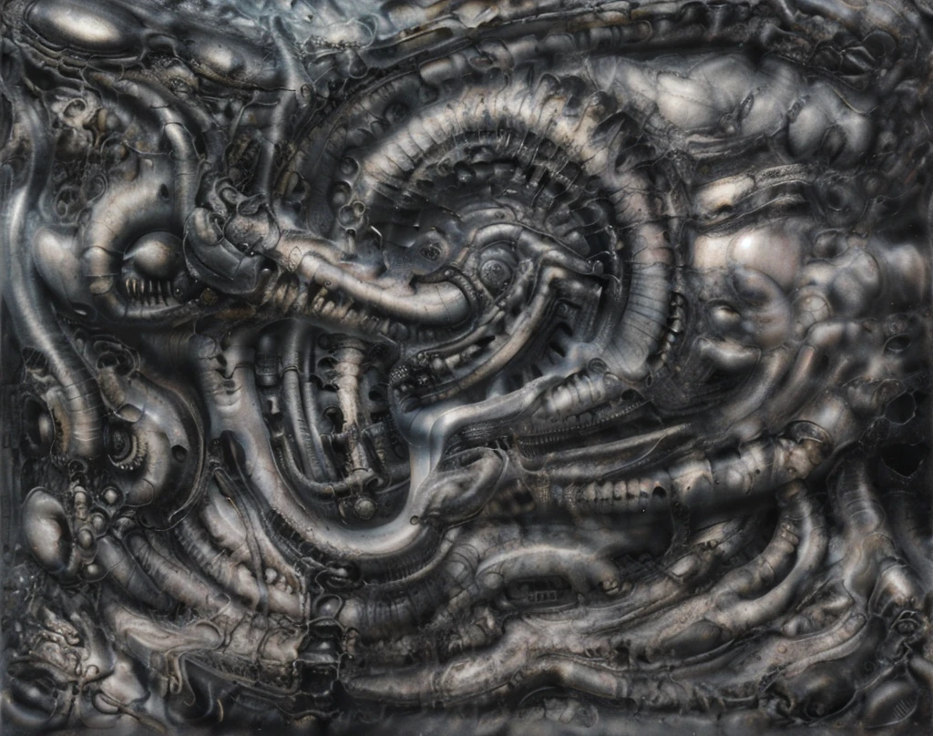 g1g3r, Giger_style, The image is a detailed view of H.R. Giger's \" Li II \" plate, featuring a complex network of bones and organs in a purple-brown hue ,swirling gray and brown colorsgroup of three alien figures positioned in the foreground. Emaciated and skeletal, with hollow eyes, they appear to be constructed from bone and metallic elements, a characteristic fusion of organic and mechanical forms found in Giger's biomechanical art.
The image features a robotic humanoid figure with intricate mechanical details, standing in a room with a glowing screen displaying the word \"EVE\" and a hand reaching out to touch its face. The background is a dark and limited space painted in a uniform blue-green color. This lack of detail keeps the focus on the figures and creates a sense of mystery about their environment. Receding into the distance are a series of arches and tunnels that hint at a larger biomechanical landscape, possibly the work of the creatures themselves The artwork is silver and purplish brown, with an ivory bones prominently displayed. The image is highly detailed and intricate, almost like a 3d version of a medical diagram (detailed view of an anatomy model, possibly of a human body, with transparent organs and bones exposed). The piece has a thick mechano-organic texture and is covered in fine details. The image has a swirling, organic quality to it. The artistic manner would be unmistakably Gigeresque. A dark and unsettling beauty would permeate the piece, blurring the lines between fascination and repulsion , forever haunted by the grotesque allure. Giger's signature artistic manner would be evident in every stroke. The airbrush would be wielded with masterful precision to create a hyperrealistic yet nightmarish aesthetic.., ooze soaked pajama top