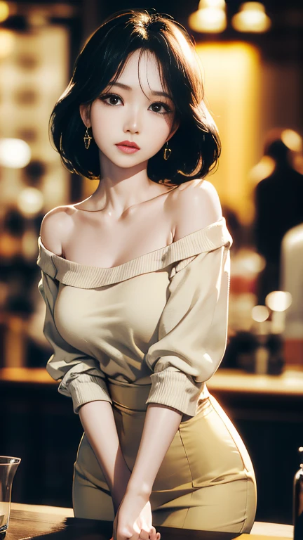 UHD, masterpiece, anatomically correct, super detail, best quality, 8k,  sharp focus 、( bust up shot :1.4)、Woman working at a cafe、 one beautiful woman 、Age 30、Tokyo、Woman working at a cafe、 BOB CUT HAIR、white long sleeve off-the-shoulder t-shirt、Beautifully depicted eyes 、