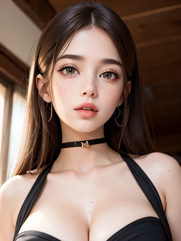 (((NSFW1.5))),realistic, table top, highest quality, Raw photo, 1 girl, alone, twin tails, brown hair, detailed face, fascinating face, earrings、sharp eyes、choker、neon shirt、open jacket、crop top, medium breasts, dynamic pose, looking at the viewer, from below, detailed background, Detailed, intricate details, ray tracing, Depth of the bounds written, low key, nffsw,erect nipples, big breasts