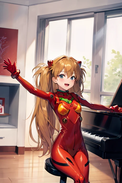 (( top quality )), ((masterpiece)), (be familiar with),  perfect face, indoor, bedroom,  watching viewers,
One woman,  Soryu Asuka Langley,
 open mouth,  ecstatic expression beside the piano, blush, smile,
 small tits,  flat chest, Young girl, Lori,  s,  girl,
 long hair,  Twin Tails ,
Leg spread,