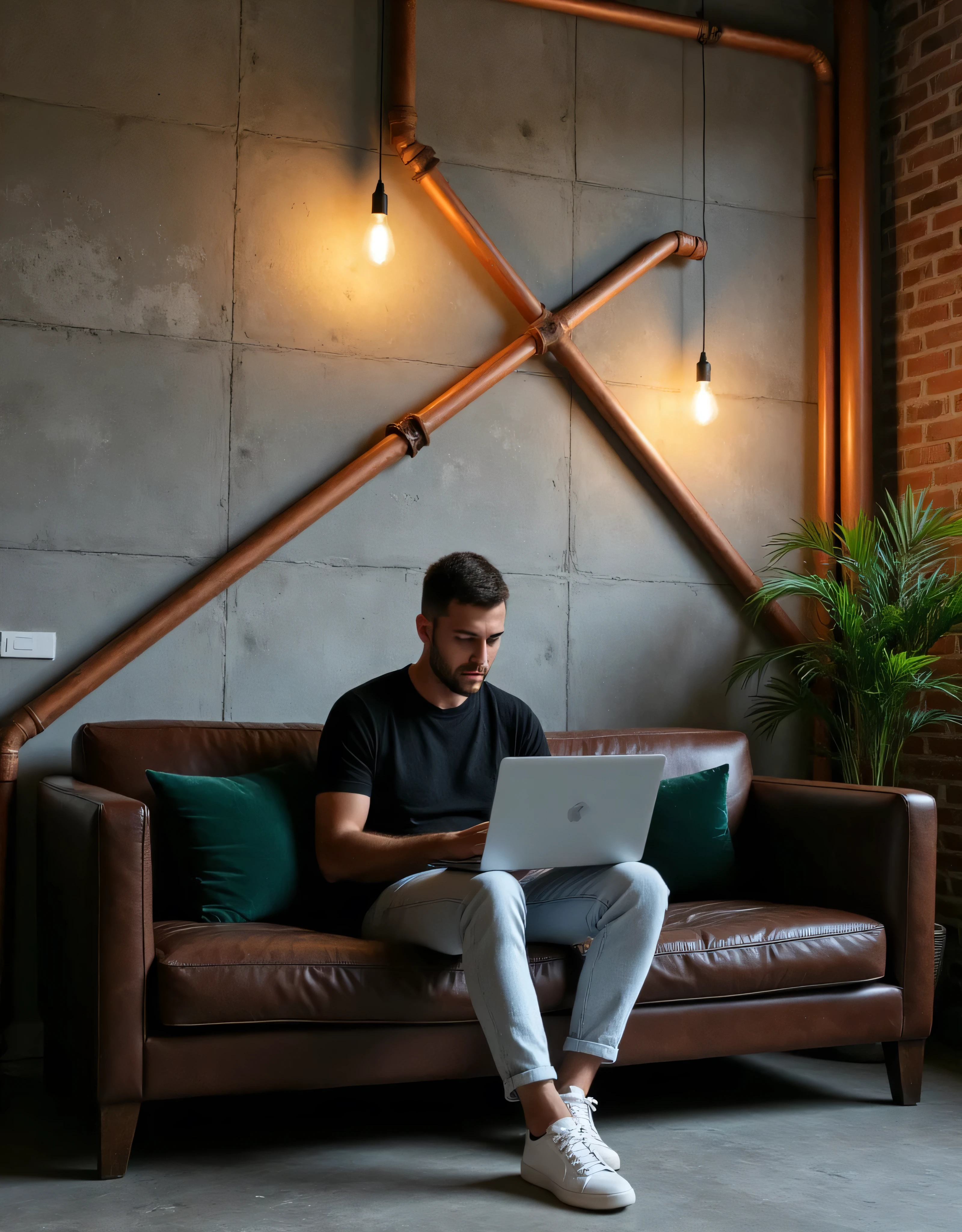 (Masterpiece:1.3), (8K, Photorealistic, RAW photo, Best Quality: 1.4)A stylish, industrial-inspired lounge where a young man sits on a vintage dark brown leather sofa, absorbed in his laptop. The room features textured gray concrete walls adorned with geometric copper piping that intersects sharply across the wall, creating a unique modern-art backdrop. Above him, two exposed filament pendant lights hang, casting warm, atmospheric light that highlights the aged texture of the leather and the subtle green velvet pillows. His outfit—black tee, light-wash jeans, and white sneakers—adds a clean, contemporary touch to the retro setting.

Details:

Lighting: Warm and ambient, creating soft shadows and a moody atmosphere.
Camera Angle: Wide shot, slightly tilted to emphasize the lines of the wall and subject’s posture.
Mood: Cozy, stylish, and industrial.
Color Palette: Warm earth tones – browns, grays, copper, and deep green.
Artistic Style: Interior photography with a focus on industrial design and minimalistic fashion.
Depth of Field: Shallow (sharp focus on subject and immediate surroundings, subtly blurred edges).
