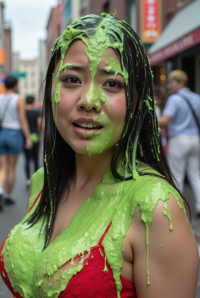 DSLR photograph of Chinese teen covered in green sticky liquid. Photorealistic. Glistening liquid. Nasty slime. Raw photo. F/1.4 aperture. 35mm. Red lace bra. Cleavage. Outside Chinatown. Portrait photograph. Green Slime. Dripping green goo. 18 years old. Chinese teen. Chinese girl. Flash photograph. Custard. Bucket pours green liquid onto her head.