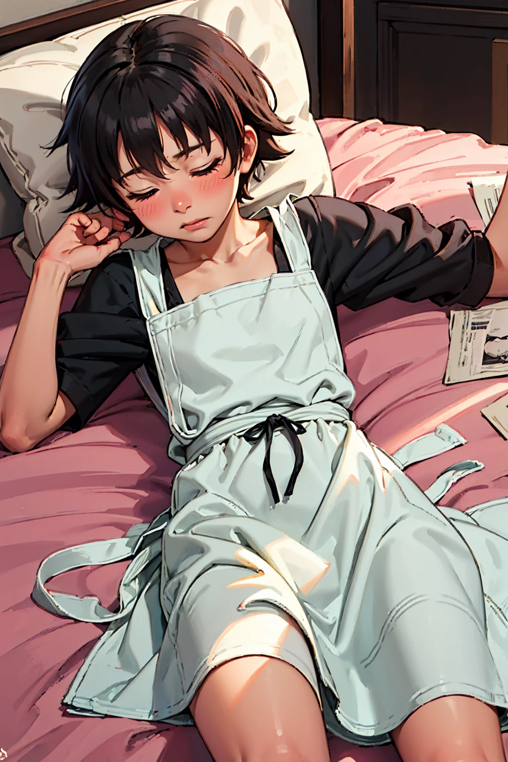 makoto, 1girl, solo, bangs, black hair, blush, brown eyes,(sleeping:1.2), short hair, (collarbones:1.2),ribs,(shy:1.3),,maid apron,maid dress, cute, mouth half open,blush,drunk,sleeping,bedroom,on bed,pillow,(lying over the bed:1.2),supine,best quality, masterpiece