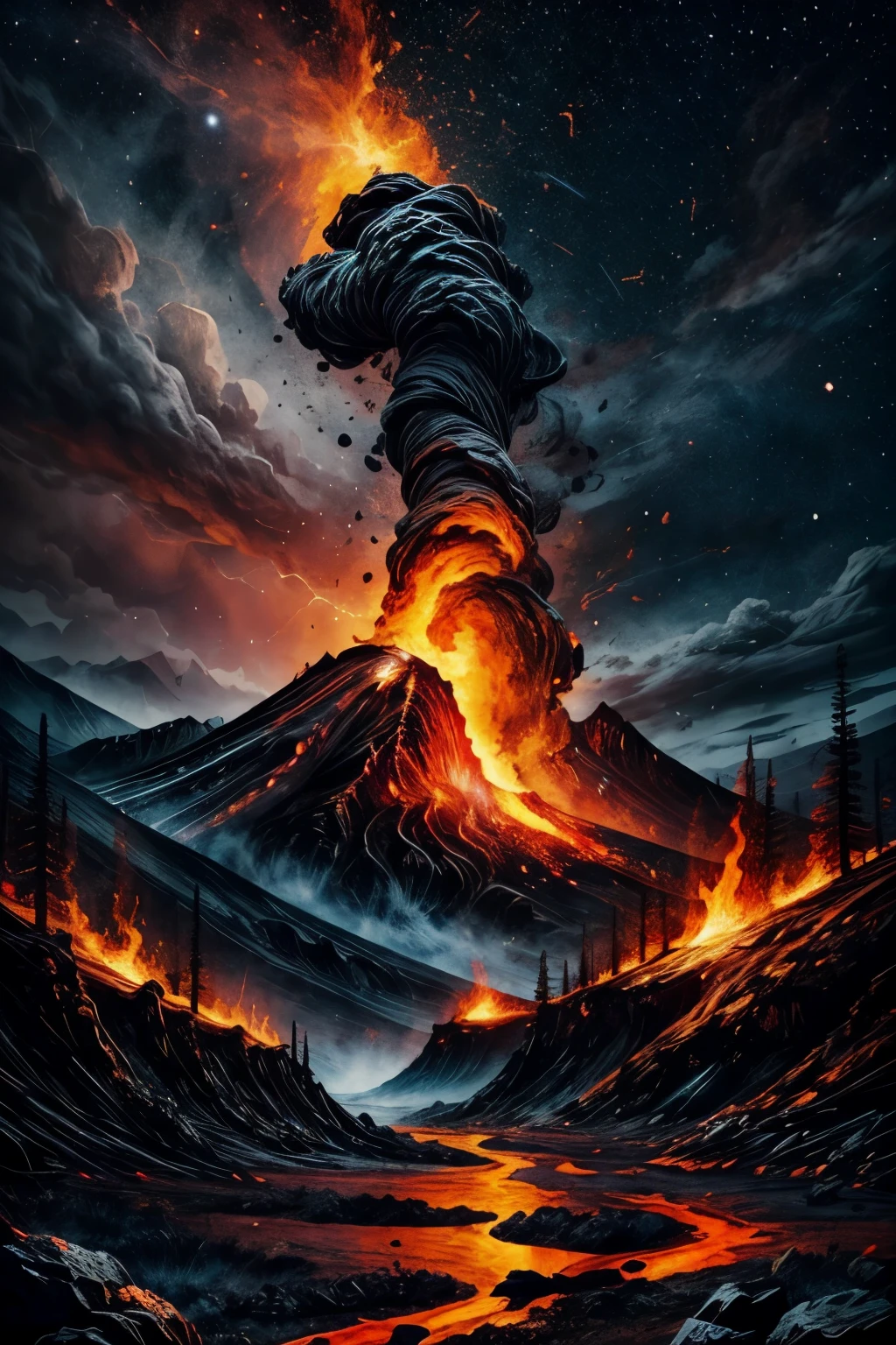 A colossal, smoldering volcano rising from a jagged, obsidian landscape under an ominous blood-red sky. Rivers of molten lava snake down its sides, illuminating the ash-choked air with fiery light. Towering black spires surround the volcano, and streams of smoke and fire erupt from their tips, forming fiery constellations in the sky. The land is desolate yet alive with the raw, destructive beauty of fire and stone. Strange, shadowy creatures dart through the glowing cracks of the earth.