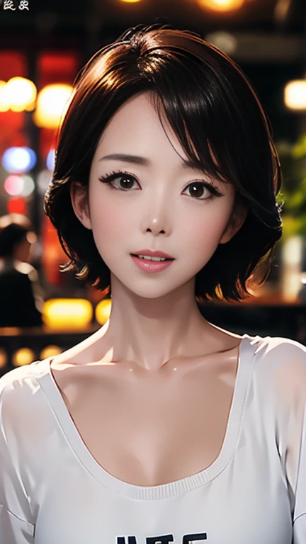 UHD, masterpiece, anatomically correct, super detail, best quality, 8k,  sharp focus 、( bust up shot :1.4)、Woman working at a cafe、 one beautiful woman 、Age 30、Tokyo、Woman working at a cafe、 BOB CUT HAIR、white off-the-shoulder t-shirt、Beautifully depicted eyes 、