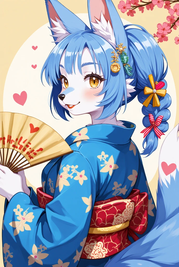 1girl, (furry girl, anthro fox1.5), cute flat 2d anime illustration, fox ears, fox tail, animal nose, obi, long hair, blue hair, yellow eyes, braid, open mouth, ahoge, multicolored hair, blush, hair between eyes, streaked hair, colored tips, breasts, :d, hair flower, half updo, looking back, japanese clothes, japanese yukata, hair ornament, yukata, floral print, sash, looking at viewer, flower, solo, holding, upper body, from side, print kimono, smile, blue kimono, paper fan, holding fan, heart, uchiwa