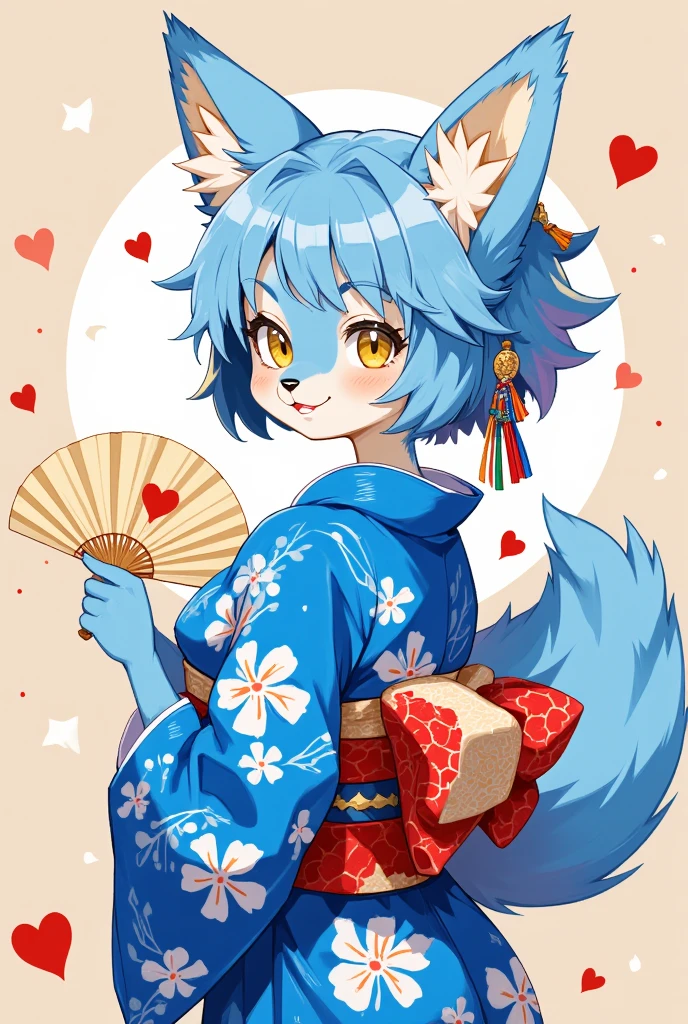 1girl, (furry girl, anthro fox1.5), cute flat 2d anime illustration, fox ears, fox tail, animal nose, obi, long hair, blue hair, yellow eyes, braid, open mouth, ahoge, multicolored hair, blush, hair between eyes, streaked hair, colored tips, breasts, :d, hair flower, half updo, looking back, japanese clothes, japanese yukata, hair ornament, yukata, floral print, sash, looking at viewer, flower, solo, holding, upper body, from side, print kimono, smile, blue kimono, paper fan, holding fan, heart, uchiwa