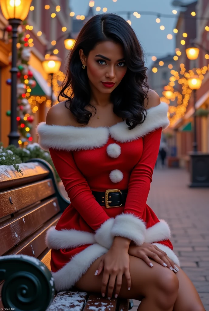 A captivatingly beautiful, 30-year-old woman with a petite frame, dark skin tone, and striking blue eyes that sparkle with a hint of sadness despite being slightly obscured by the glisten of recent tears. Her lush, wavy black hair cascades over her shoulders, framing a face etched with the delicate traces of sorrow. Dressed as an unconventional yet enchanting Santa Claus, she wears a vibrant red and white costume that accentuates her feminine silhouette. The ensemble is cinched at the waist with a sleek black belt adorned with a gleaming golden buckle, which sits just above her hips, emphasizing her youthful figure. She is perched on an aged, wooden bench, a silent sentinel amidst the quaint charm of a small town bustling with the festive spirit of Christmas. The serene backdrop is adorned with a kaleidoscope of twinkling lights, snow-kissed garlands, and colorful ornaments that festoon the lamp posts and buildings, creating a warm, inviting glow that seems to embrace her. Despite the jovial setting, the woman's posture is one of solitude and introspection, her teary gaze cast downward, lost in the tumult of her own thoughts. The poignant scene is a stark reminder that even during the season of joy and giving, the heart's burdens can feel heavier than the snowflakes that gently kiss the ground around her.