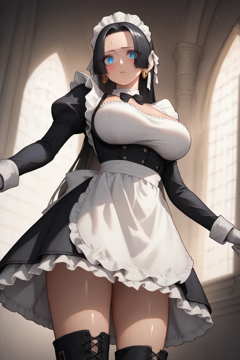 (((beautiful detailed)))(cute face:1.2)1girl,in mansion, maid costume, Cute, shiny skin, , (sharp lines:1.2)(clear line:1.2)(eye details:1.3) anime style((masterpiece, high quality, best quality))  , view from below, , choker, deep eyes, fit, wide hip, curvy, steam, hugebreasts, thighs, black stocking,long hair, breasts,white gloves, indoors, boots, sweat,sharp focus,, black hair hair, hair ribbon, maid headdress, large breasts, white gloves, white apron, maid apron, long sleeves, juliet sleeves, black bowtie, maid jacket, maid dress, cropped jacket, maid, cinematic view,  boa Hancock maid outfit, blue eyes, big earing, smille, blush, long black hair, seducative, looking at viewers,deep eyes, detailed eyeliner, detailed eyelashes