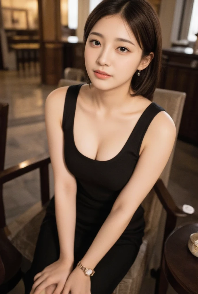 Woman sitting in hotel lobby, slightly shy, looking at us and smiling, hands on thighs, black dress, diamond earrings, pink gold watch