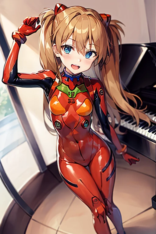 (( top quality )), ((masterpiece)), (be familiar with),  perfect face, indoor, bedroom,  watching viewers,
One woman,  Soryu Asuka Langley,
 open mouth,  ecstatic expression beside the piano, blush, smile,
 small tits,  flat chest, Young girl, Lori,  s,  girl,
 long hair,  Twin Tails ,
Leg spread,