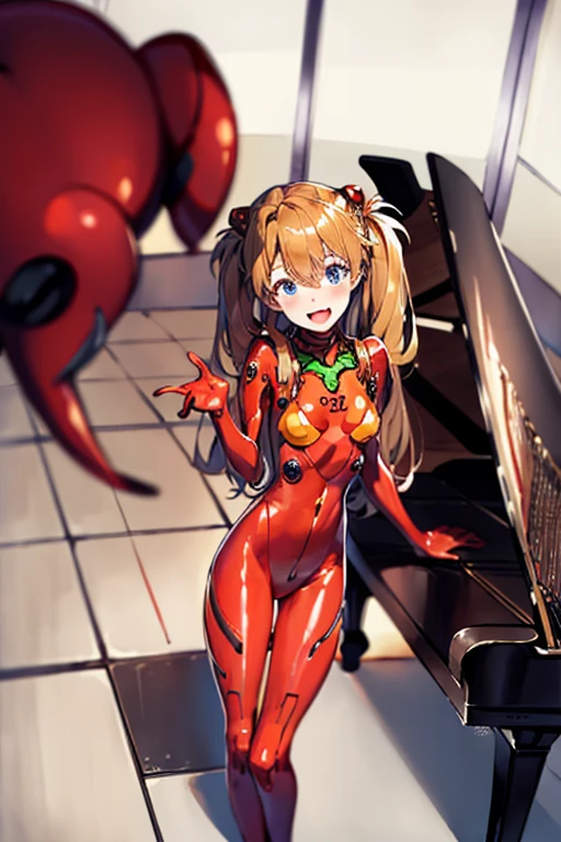 (( top quality )), ((masterpiece)), (be familiar with),  perfect face, indoor, bedroom,  watching viewers,
One woman,  Soryu Asuka Langley,
 open mouth,  ecstatic expression beside the piano, blush, smile,
 small tits,  flat chest, Young girl, Lori,  s,  girl,
 long hair,  Twin Tails ,
Leg spread,