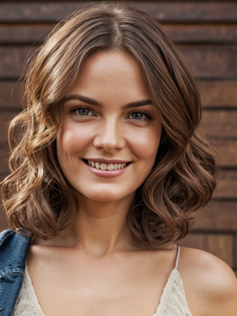 Photorealistic, woman aged in forties, girl-next-door, approachable, innocent, shoulder length curled brunette hair, triangular shaped symmetrical face, natural look, sardonic grin, detailed eyes, professional lighting, realistic style, HD, warm tones, SFW