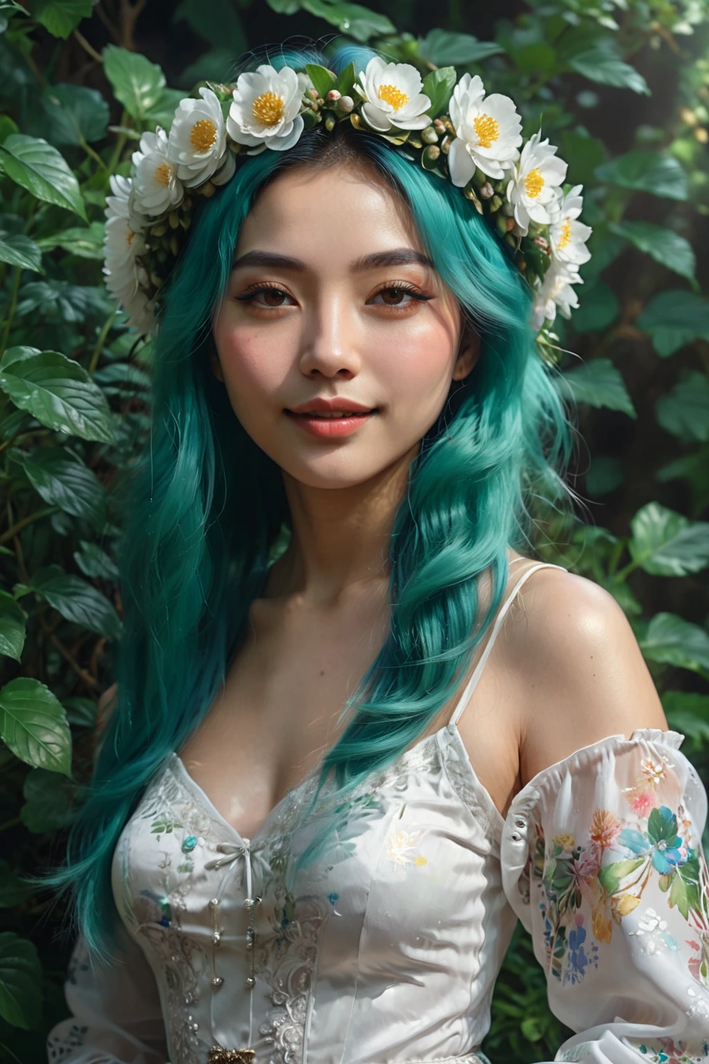 Asian face,a close up of a woman with a flower crown on her head, artwork in the style of guweiz, gorgeous digital painting, beautiful digital painting, in the art style of bowater, very beautiful portrait, beautiful anime portrait, high quality portrait, beautiful digital illustration, detailed beautiful portrait, beautiful digital artwork, soft portrait, soft portrait shot 8 k, beautiful character painting,Hyperrealistic female portrait by David Hockney and Alphonse Mucha, fantasy art, photo-realistic, dinamic lighting, Art Station, poster, voluminous lighting, Very Detailed Faces, 4 k, Award-winning, a 1girl, wicked smile, around dark, deep shadow, Discreet key, Cowboy shot (Formal dress 1.4), hairlong, white colored hair, chuuChloe, photo on the phone,taking selfies,Beautiful photo in nature. Professional outdoor photography. A photo with a plant. Professional photo in green tones.