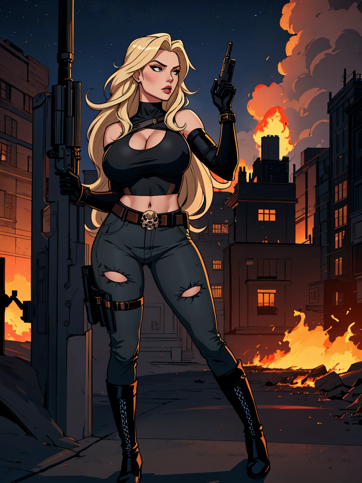 score_9, score_8_up, score_7_up, masterpiece, high quality, BREAK
high quality a sensual woman, sexy body, sexy waist, sensual waist, big breasts, big breasts, big ass, long hair, blonde hair, skull print top, gloves, top, belt, pants, thigh holster, bag, boots, right hand raised with gun, right arm on waist, night scenery, city, smoke, fire, night.