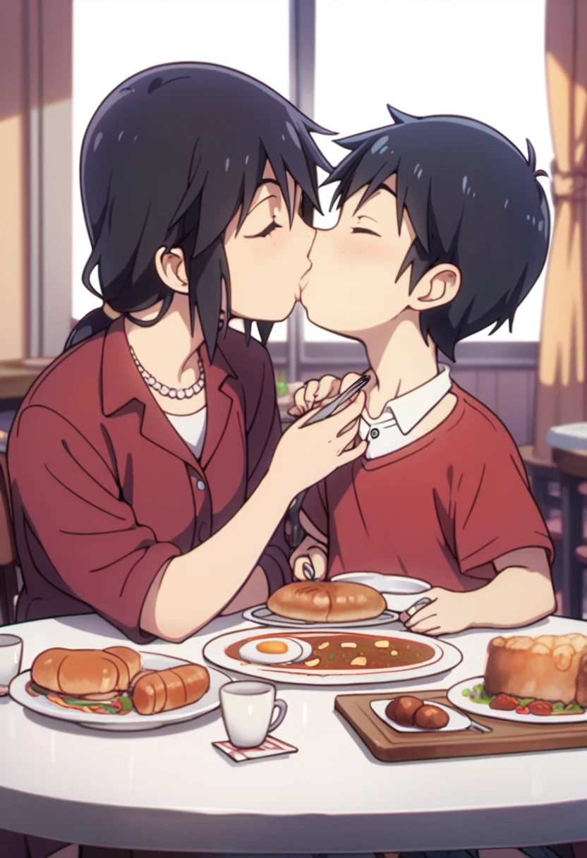 Sachiko Fujinuma kiss shota, Sachiko Fujinuma, black hair, kiss, dinner table
