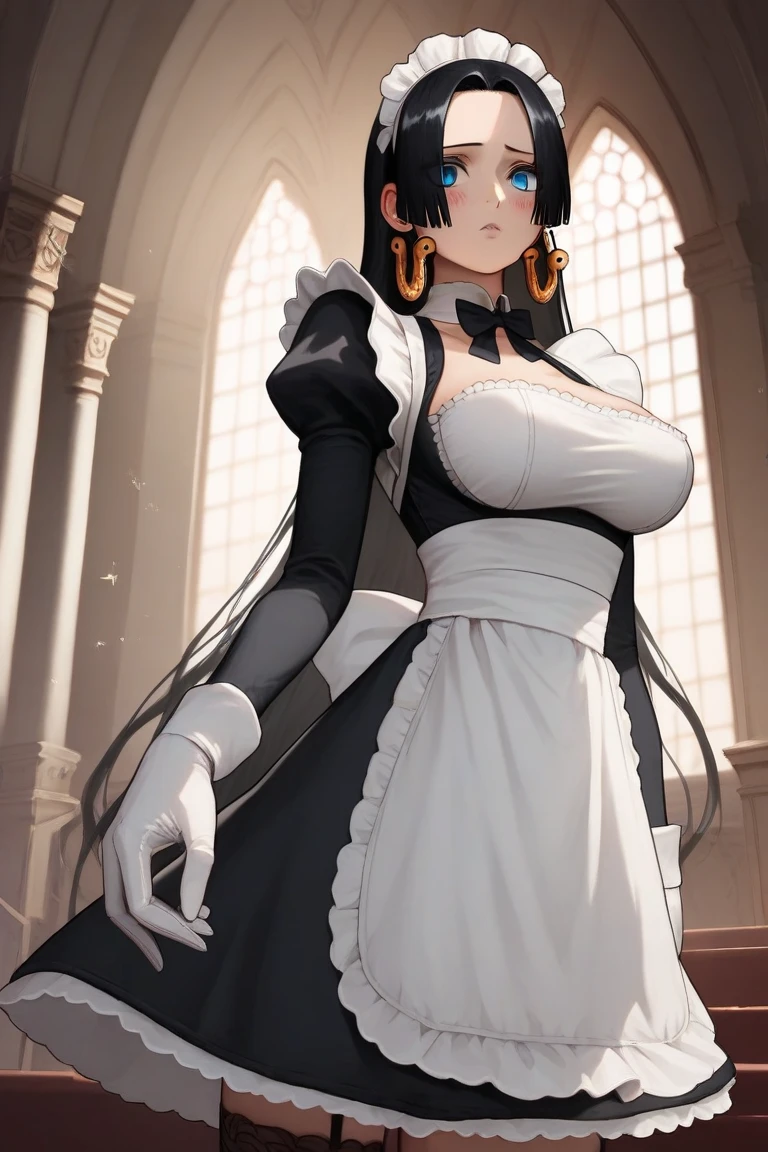 (((beautiful detailed)))(cute face:1.2)1girl,in mansion, maid costume, Cute, shiny skin, , (sharp lines:1.2)(clear line:1.2)(eye details:1.3) anime style((masterpiece, high quality, best quality))  , view from below, , choker, deep eyes, fit, wide hip, curvy,  hugebreasts, thighs, black stocking,long hair, breasts,white gloves, indoors, boots,sharp focus,, black hair hair, hair ribbon, maid headdress, large breasts, white gloves, white apron, maid apron, long sleeves, juliet sleeves, black bowtie, maid jacket, maid dress, cropped jacket, maid, cinematic view,  boa Hancock maid outfit, blue eyes, big earing, smille, blush, long black hair, seducative, looking at viewers,deep eyes, detailed eyeliner, detailed eyelashes, perfect body