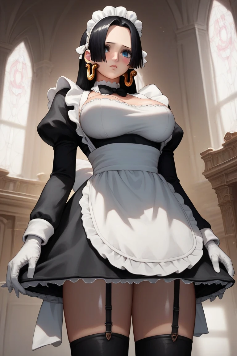 (((beautiful detailed)))(cute face:1.2)1girl,in mansion, maid costume, Cute, shiny skin, , (sharp lines:1.2)(clear line:1.2)(eye details:1.3) anime style((masterpiece, high quality, best quality))  , view from below, , choker, deep eyes, fit, wide hip, curvy,  hugebreasts, thighs, black stocking,long hair, breasts,white gloves, indoors, boots,sharp focus,, black hair hair, hair ribbon, maid headdress, large breasts, white gloves, white apron, maid apron, long sleeves, juliet sleeves, black bowtie, maid jacket, maid dress, cropped jacket, maid, cinematic view,  boa Hancock maid outfit, blue eyes, big earing, smille, blush, long black hair, seducative, looking at viewers,deep eyes, detailed eyeliner, detailed eyelashes, perfect body