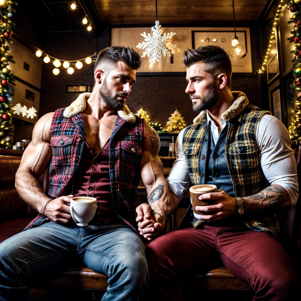 Big giant body builder men wearing unbuttoned double pocket red check shirt at home on sofa