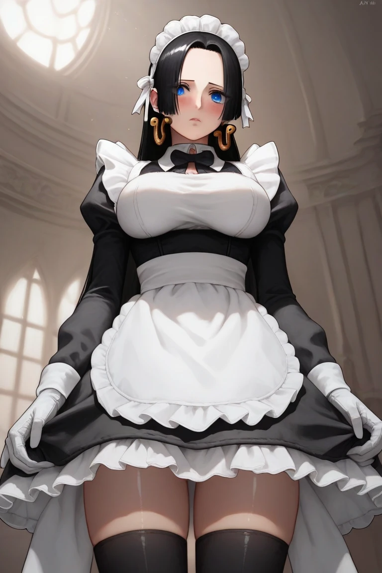 (((beautiful detailed)))(cute face:1.2)1girl,in mansion, maid costume, Cute, shiny skin, , (sharp lines:1.2)(clear line:1.2)(eye details:1.3) anime style((masterpiece, high quality, best quality))  , view from below, , choker, deep eyes, fit, wide hip, curvy,  hugebreasts, thighs, black stocking,long hair, breasts,white gloves, indoors, boots,sharp focus,, black hair hair, hair ribbon, maid headdress, large breasts, white gloves, white apron, maid apron, long sleeves, juliet sleeves, black bowtie, maid jacket, maid dress, cropped jacket, maid, cinematic view,  boa Hancock maid outfit, blue eyes, big earing, smille, blush, long black hair, seducative, looking at viewers,deep eyes, detailed eyeliner, detailed eyelashes, perfect body, cold expresion, warm light