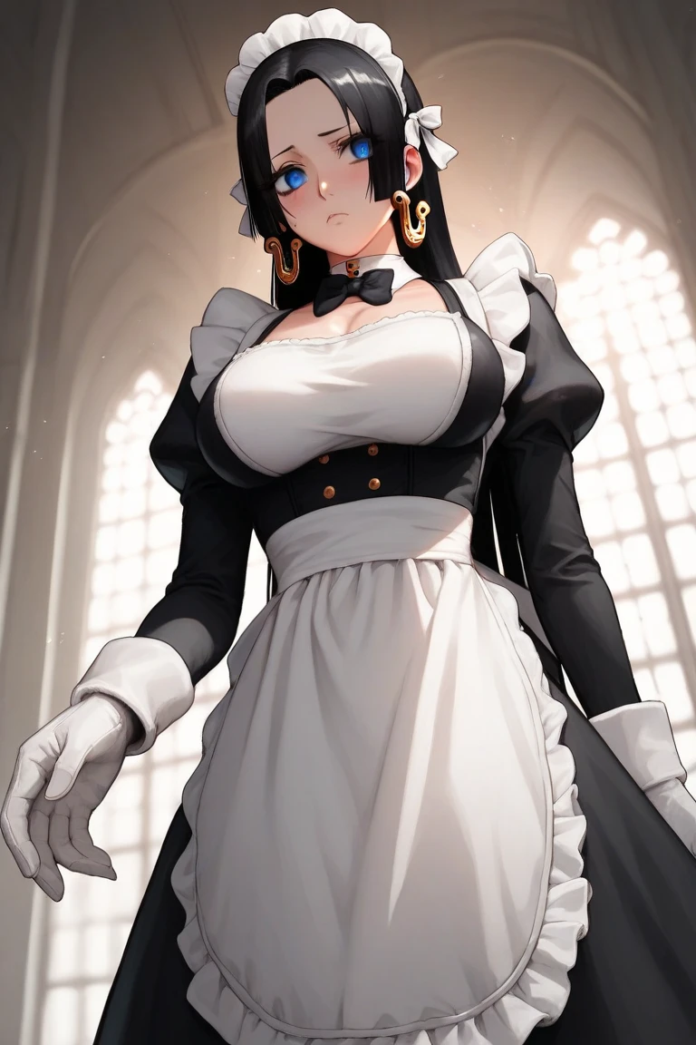 (((beautiful detailed)))(cute face:1.2)1girl,in mansion, maid costume, Cute, shiny skin, , (sharp lines:1.2)(clear line:1.2)(eye details:1.3) anime style((masterpiece, high quality, best quality))  , view from below, , choker, deep eyes, fit, wide hip, curvy,  hugebreasts, thighs, black stocking,long hair, breasts,white gloves, indoors, boots,sharp focus,, black hair hair, hair ribbon, maid headdress, large breasts, white gloves, white apron, maid apron, long sleeves, juliet sleeves, black bowtie, maid jacket, maid dress, cropped jacket, maid, cinematic view,  boa Hancock maid outfit, blue eyes, big earing, smille, blush, long black hair, seducative, looking at viewers,deep eyes, detailed eyeliner, detailed eyelashes, perfect body, cold expresion, warm light