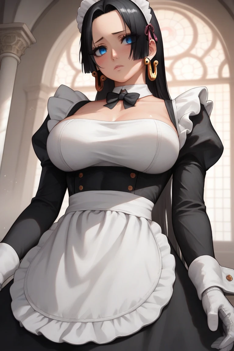 (((beautiful detailed)))(cute face:1.2)1girl,in mansion, maid costume, Cute, shiny skin, , (sharp lines:1.2)(clear line:1.2)(eye details:1.3) anime style((masterpiece, high quality, best quality))  , view from below, , choker, deep eyes, fit, wide hip, curvy,  hugebreasts, thighs, black stocking,long hair, breasts,white gloves, indoors, boots,sharp focus,, black hair hair, hair ribbon, maid headdress, large breasts, white gloves, white apron, maid apron, long sleeves, juliet sleeves, black bowtie, maid jacket, maid dress, cropped jacket, maid, cinematic view,  boa Hancock maid outfit, blue eyes, big earing, smille, blush, long black hair, seducative, looking at viewers,deep eyes, detailed eyeliner, detailed eyelashes, perfect body, cold seducative expresion, warm light