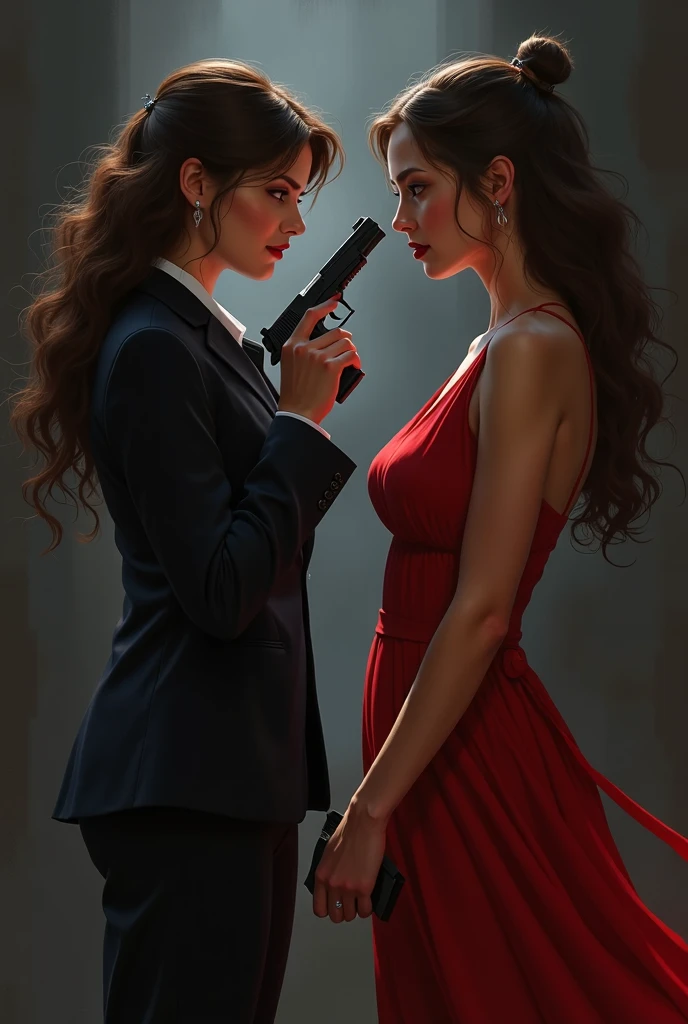 	• Bottom: A dark and elegant atmosphere that represents the opulent world of the mafia. It can be a luxurious mansion with a touch of mystery, or a night street in a city with diffuse lights.
	• Main Image: A close-up portrait of a 2 girl with an innocent and fearful face with a Leonardo, with Ayla in a pose that reflects her determination and vulnerability, and Leonardo showing an expression of authority and control. Both could be dressed in sophisticated clothing to reflect the mafia context..

	•Additional Details: Includes subtle details like a gun, answer, poker chips and some red roses lying on the ground in the background and a shadow of an ominous figure to add an air of danger and intrigue.