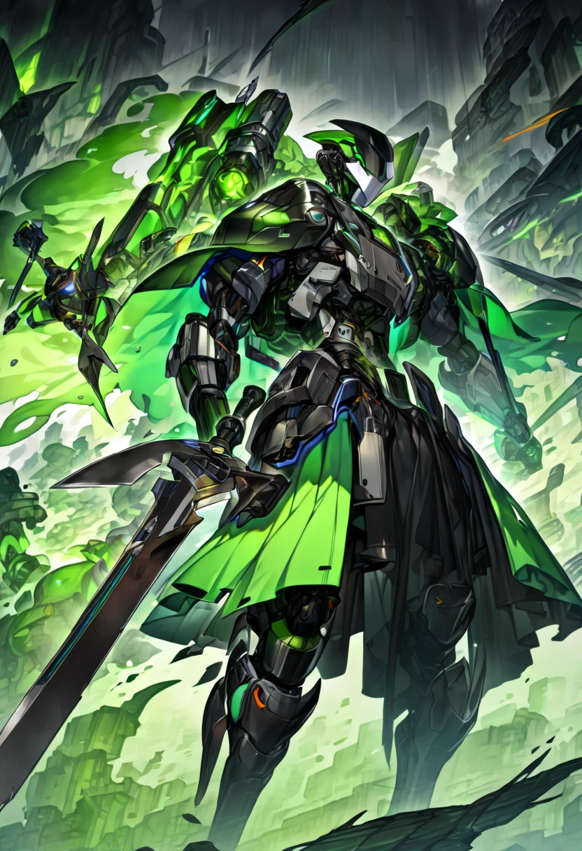 a swordsman android, carrying a cursed black sword, his robotic parts are green, black eyes, wearing a green cloak, high definition 8k, ultra definition 4k.