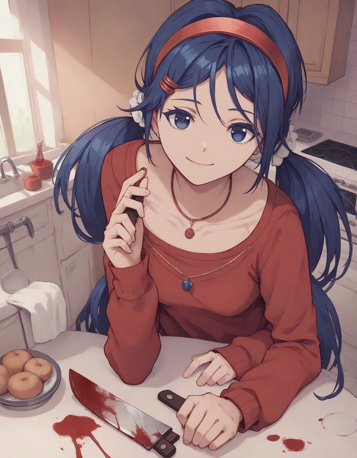 hair swings ,  Cool smile , knife in blood,
 mitabase , itsmita 1 girl  ,  hair ornament,  long hair,  hairband,  hairpin , twintails,  blue eyes ,  blue hair , red  hairband, necklace,  long sleeves,  shirt , clavicle, red  shirt ,  medium chest ,in the kitchen,echid face  ((( background: kitchen))), (score_9, score_8_up, score_7_up)