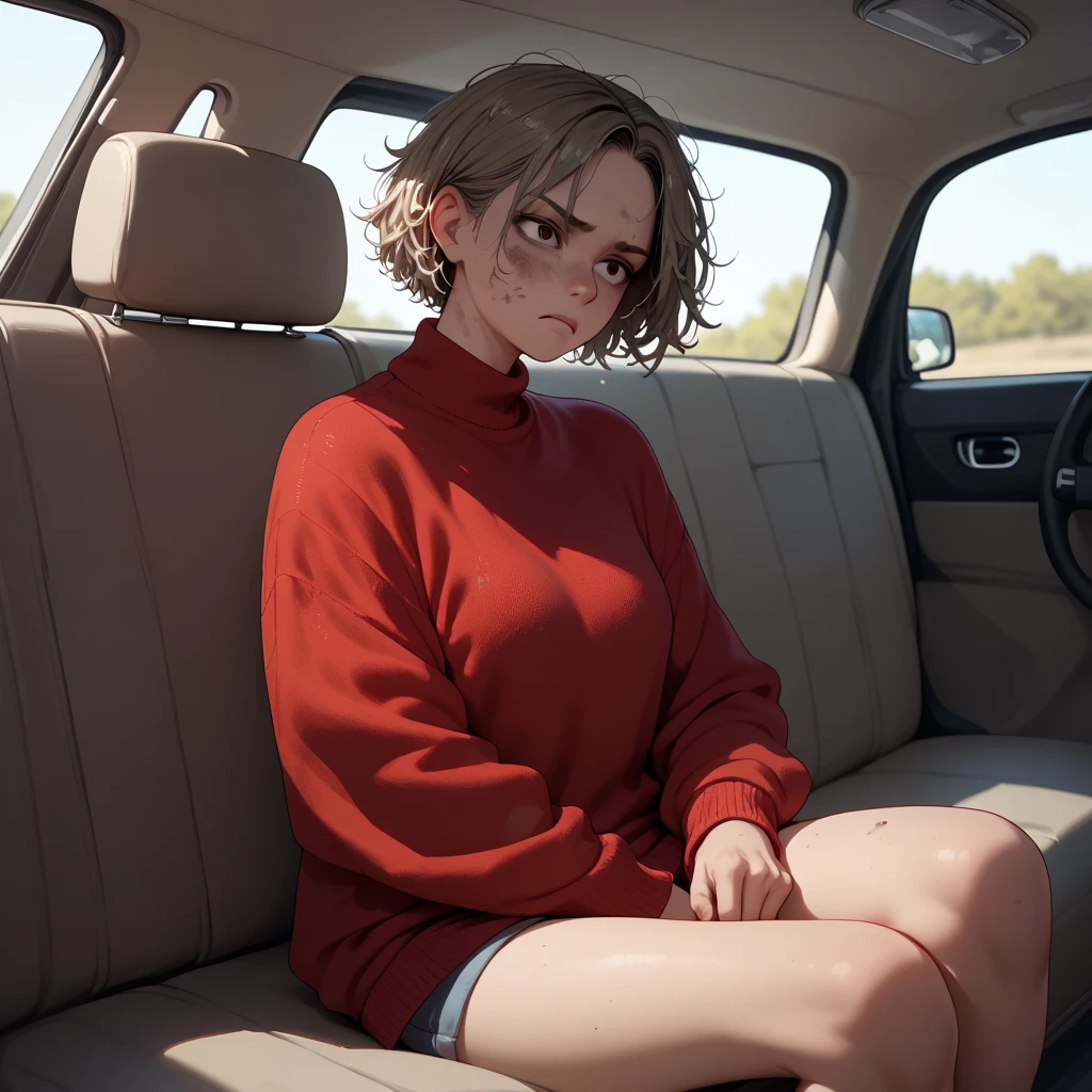 1 girl,  sitting on the passenger seat in a car, dirty blond hair ,  wears a red sweater and a lack of fabric ,  Short hair ,  dull and somewhat frustrated expression 