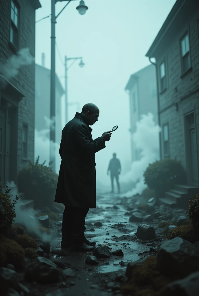 Make an investigator wearing a black overcoat with a magnifying glass in his hand looking at the details of a crime make an air of mystery around, With fog 