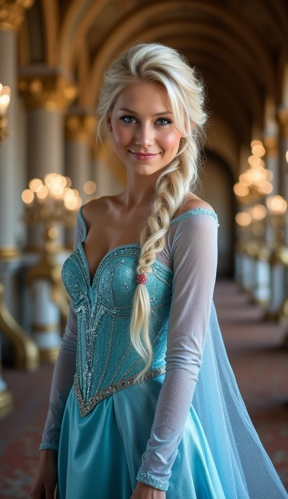 A stunning low angle  portrait of Anna Kournikova as Elsa smiling , she is sexy , queen of arendelle, young and beautiful, hyper realistic, real portrait, backlit, exquisite features, cleavage, sexy, seductive, interior or an ornate castle ballroom with high ceilings, show skin, blue eyes, exposed bum