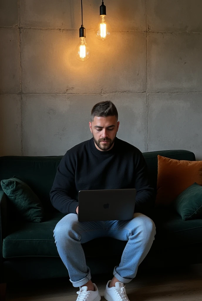 (Masterpiece:1.3), (8K, Photorealistic, RAW photo, Best Quality: 1.4)A stylish, industrial-inspired lounge where a young man sits on a black sofa, absorbed in his laptop. Hair: The hair is styled with a clean fade on the sides and textured length on top. The color is a natural dark brown base with subtle hints of lighter brown or warm undertones in the lighting. The fade gradually blends into the natural darker shade at the roots, giving depth and contrast to the overall look. Beard: The beard is well-groomed and matches the hair color with a dark brown tone, slightly darker than the hair on the head due to its density. There are faint warmer undertones around the jawline and mustache, which add natural definition to the face. The beard is consistent in tone, appearing clean and uniform, complementing the overall hairstyle. Together, the cohesive dark brown tones of the hair and beard create a polished and modern appearance, with a natural warmth that enhances his features.. The room features textured grey concrete walls, creating a unique modern art backdrop. Above him, two exposed filament pendant lights hang, casting warm, atmospheric light that highlights the aged texture of the sofa and the subtle velvet pillows. His outfit0oversized black crewneck sweatshirt and light blue jeans, and white sneakers—adds a clean, contemporary touch to the retro setting. Details: Lighting: Warm and ambient, creating soft shadows and a moody atmosphere. Camera Angle: Wide shot, slightly tilted to emphasize the lines of the wall and subject’s posture. Mood: Cozy, stylish, and industrial. Color Palette: Warm earth tones – browns, grays, copper, and deep green. Artistic Style: Interior photography with a focus on industrial design and minimalistic fashion. Depth of Field: Shallow (sharp focus on subject and immediate surroundings, subtly blurred edges).