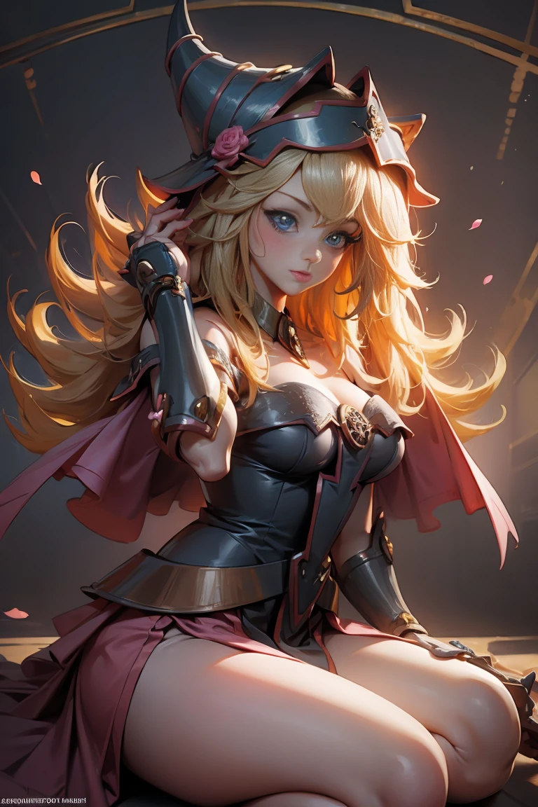 (Obra maestra:1.2), (La mejor calidad:1.2), Perfect lighting, Chica Maga Oscura lanzando un hechizo, In his twenties, flotando en el aire, tetas grandes, escote, blue robe, sombrero grande, desde arriba, Destellos, Yugioh juego, Magic of the Heart. Heart lights, Romantic Heart