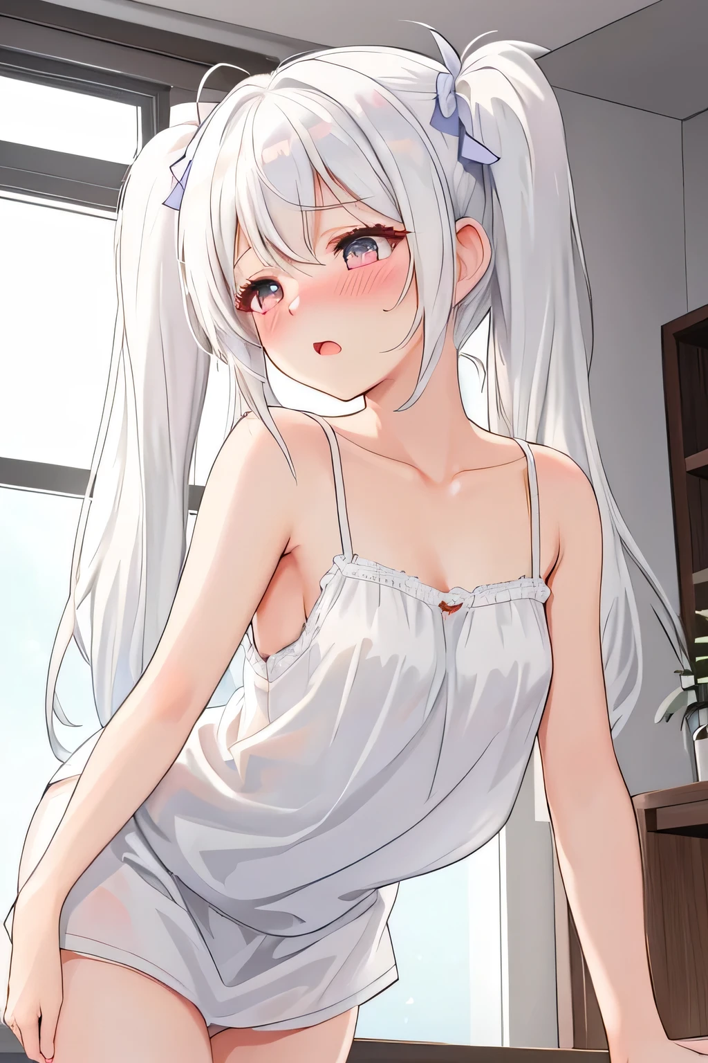 best quality,high resolution,1girl,breast focus,looking up,looking at viewer,from below,half closed eyes,white hair,twintails,embarrassed,small breasts,
camisole,leaning forward,camisole lift,