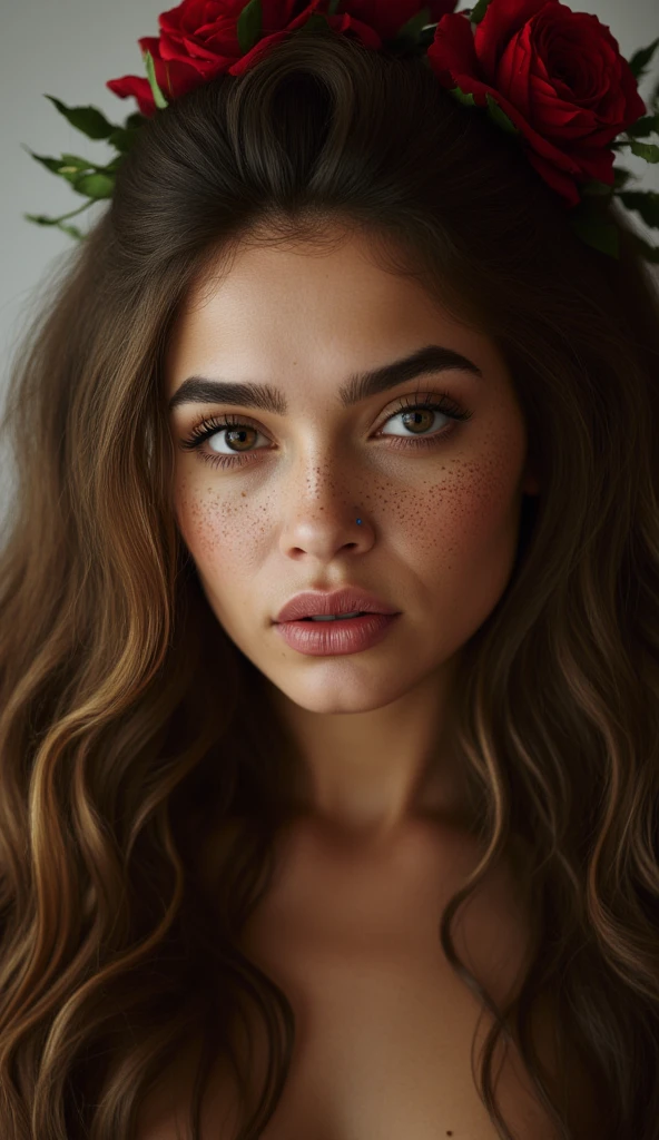 UHD, 4k, ultra detailed, cinematic, a photograph of Sharp detailed high quality image of a woman with freckles and a rose in her hair, detailed background, 12K, high megapixel, realistic, realism, different, raw image, sharp style, 1girl, solo, long hair, looking at viewer, hair ornament, flower, hair flower, lips, rose, wavy hair, portrait, red flower, freckles, red rose, epic, beautiful lighting, inpsiring