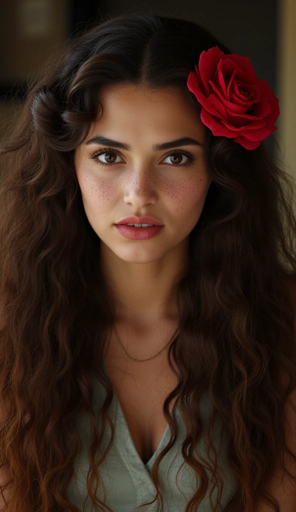 UHD, 4k, ultra detailed, cinematic, a photograph of Sharp detailed high quality image of a woman with freckles and a rose in her hair, detailed background, 12K, high megapixel, realistic, realism, different, raw image, sharp style, 1girl, solo, long hair, looking at viewer, hair ornament, flower, hair flower, lips, rose, wavy hair, portrait, red flower, freckles, red rose, epic, beautiful lighting, inpsiring