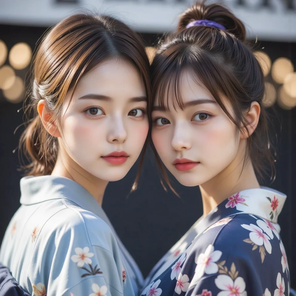 Breathtaking beauty,  perfect composition ,  proper placement , Golden Ratio,  high definition ,  top quality ,  exquisite resolution,  super detailed ,masterpiece,  Photorealistic , 8k,  2 beautiful Japanese women ,  2 mature adult Japanese women ,  wearing a Japanese yukata ,  flower-patterned yukata :1.331,  flat chest:1.331,  slender body:1.331, Thin limbs:1.331, Slim waist:1.331, Slim waist:1.331,  small butt, COMPLETE ANATOMY :1.331,  have small heads :1.331, Brown Hair,  chignon hair:1.21,  detailed face ,  delicate and realistic oily skin texture , Blurry outdoor background ,  dynamic and emotional movie light,  waiting to start