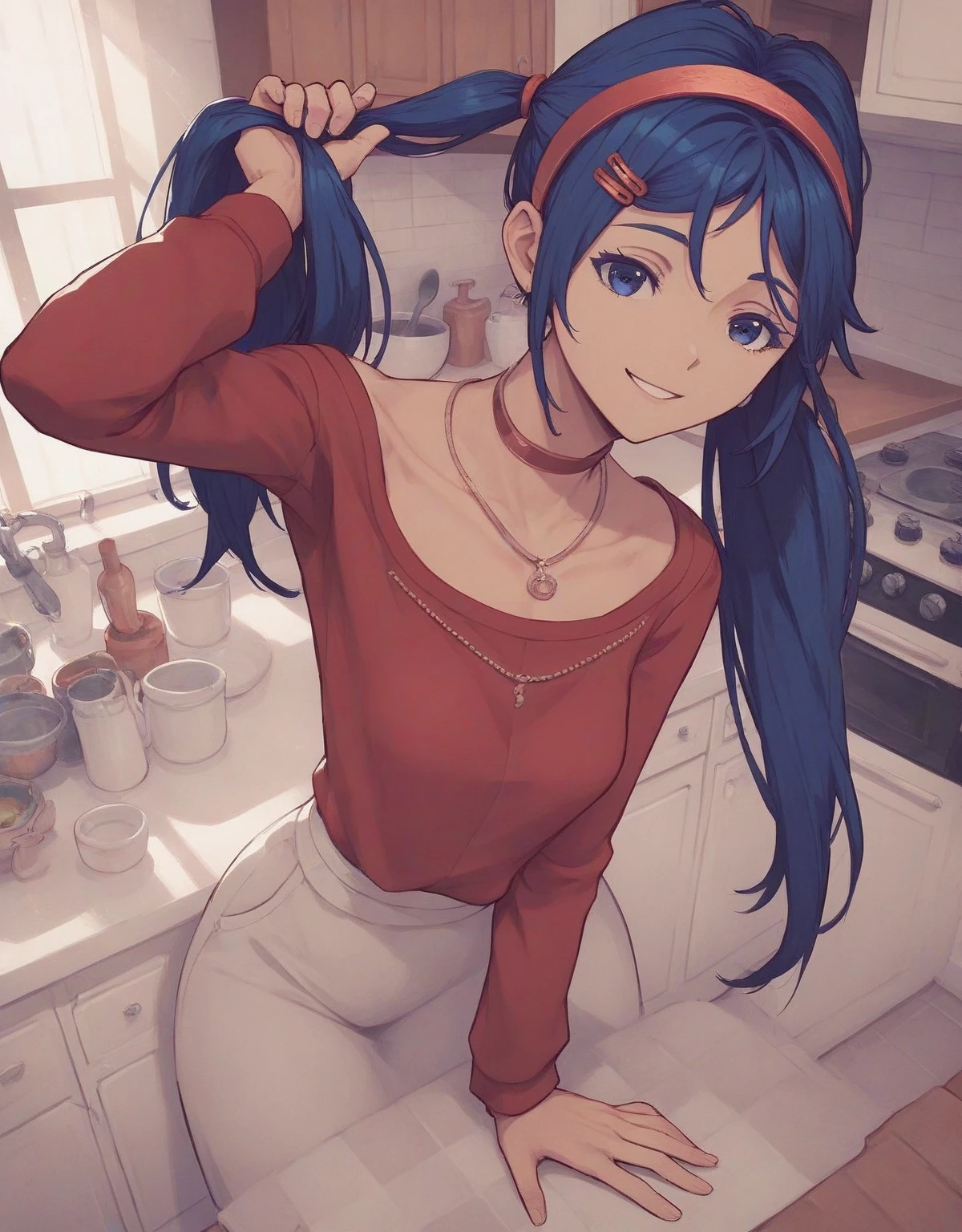 hair swings ,  Cool smile ,
 mitabase , itsmita 1 girl  ,  hair ornament,  long hair,  hairband,  hairpin , twintails,  blue eyes ,  blue hair , red  hairband, necklace,  long sleeves,  shirt , clavicle, red  shirt ,  medium chest ,in the kitchen,echid face  ((( background: kitchen))), (score_9, score_8_up, score_7_up)