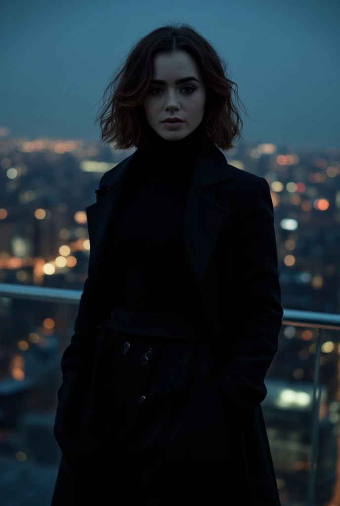 Lily Collins,black peacoat,black turtleneck,hands in the pockets of the peacoat,on a rooftop,in the background the city of london,in the night