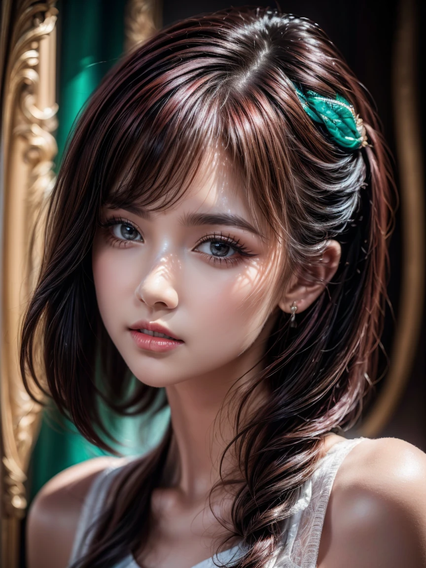 detailed portrait of a beautiful young girl with short red hair and green eyes,cute chibi style,animal ear fluff,small cat-like mouth,(best quality,4k,8k,highres,masterpiece:1.2),ultra-detailed,(realistic,photorealistic,photo-realistic:1.37),vibrant colors,soft lighting,dreamy atmosphere,delicate features,natural expression