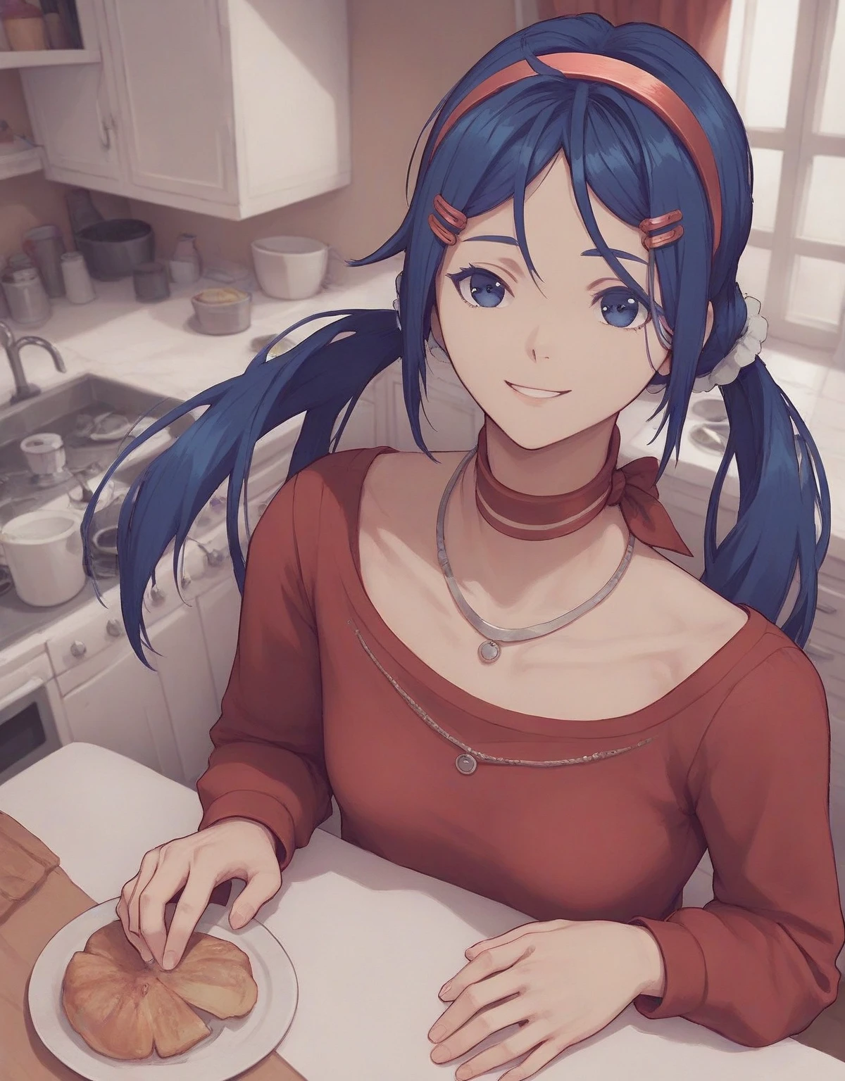 hair swings ,  Cool smile ,
 mitabase , itsmita 1 girl  ,  hair ornament,  long hair,  hairband,  hair clip , twintails,  blue eyes ,  blue hair , red  hairband, necklace,  long sleeves,  shirt , clavicle, red  shirt ,  medium chest ,in the kitchen,echid face  ((( background: kitchen))), (score_9, score_8_up, score_7_up)