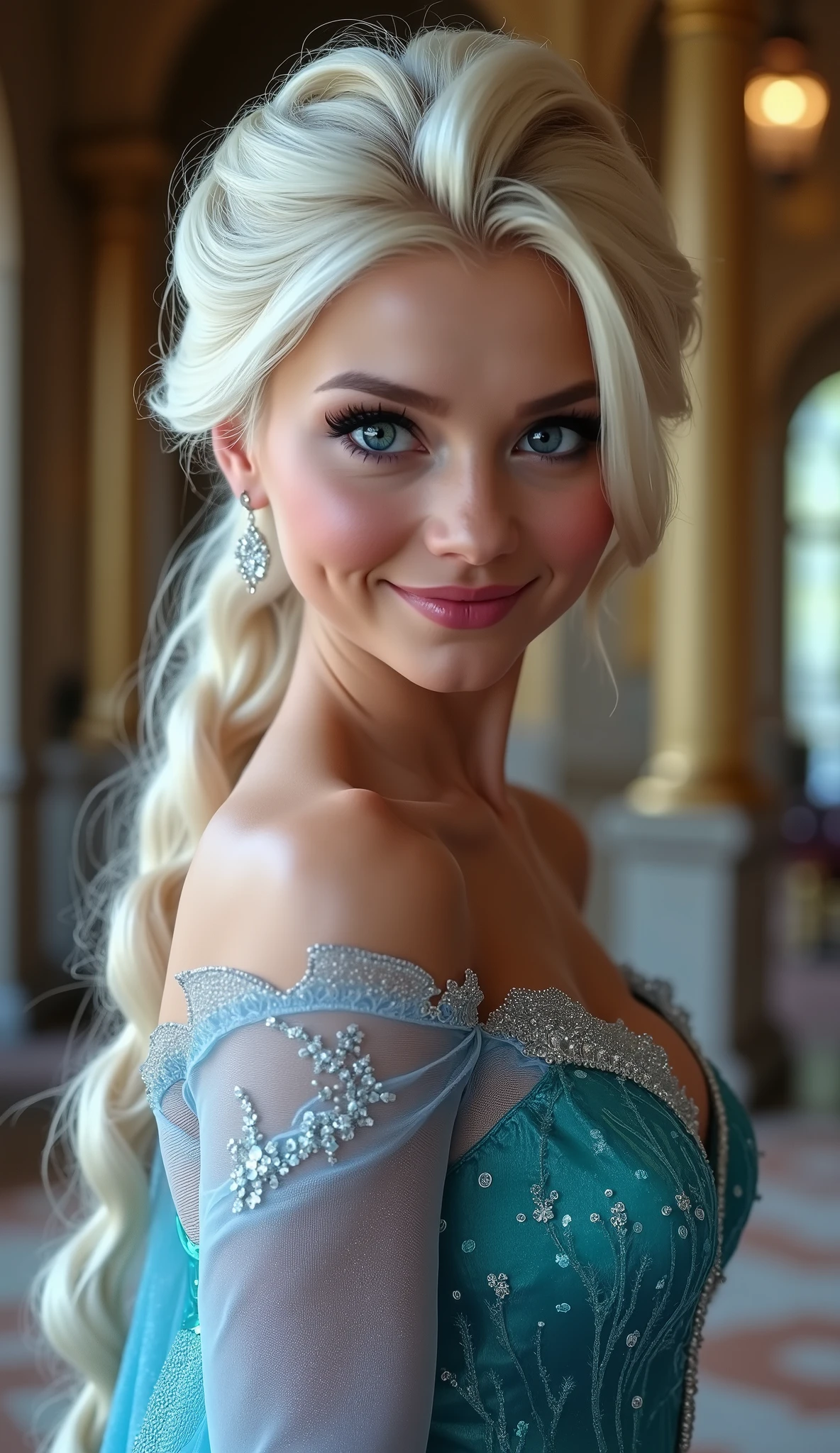 A stunning low angle rear view portrait of Anna Kournikova as Elsa smiling , she is sexy , queen of arendelle, young and beautiful, hyper realistic, real portrait, backlit, exquisite features, cleavage, sexy, seductive, interior or an ornate castle ballroom with high ceilings, show skin, blue eyes, exposed bum