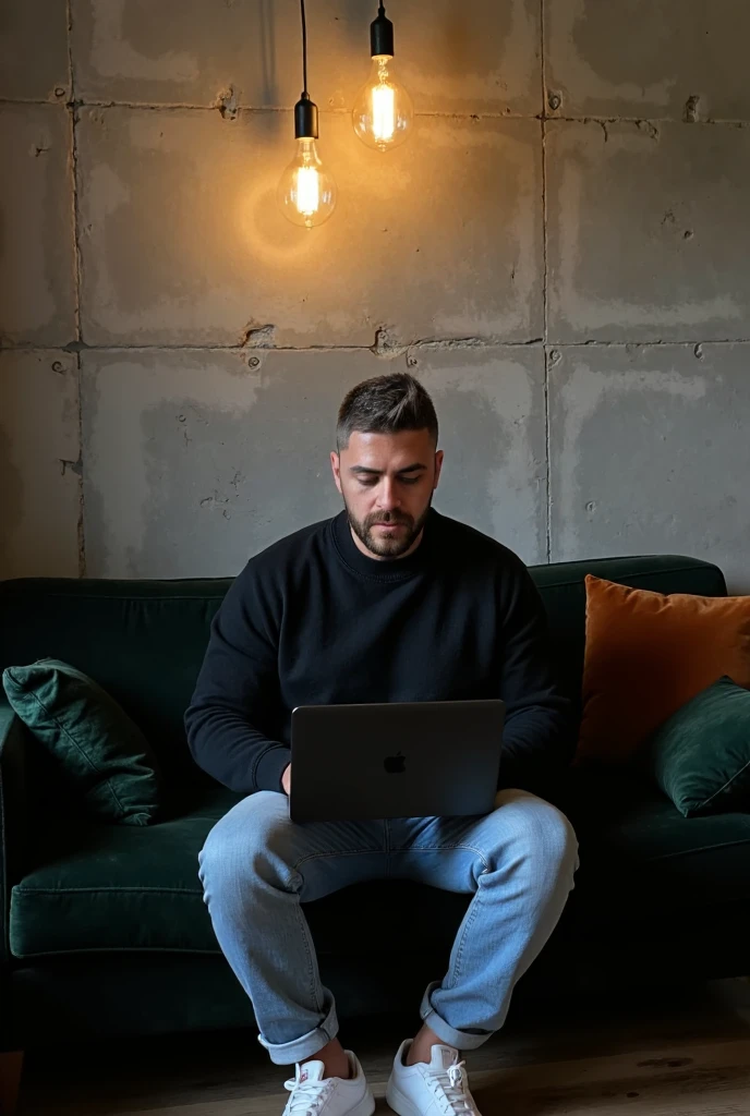 (Masterpiece:1.3), (8K, Photorealistic, RAW photo, Best Quality: 1.4)A stylish, industrial-inspired lounge where a young man sits on a black sofa, absorbed in his laptop. Hair: The hair is styled with a clean fade on the sides and textured length on top. The color is a natural dark brown base with subtle hints of lighter brown or warm undertones in the lighting. The fade gradually blends into the natural darker shade at the roots, giving depth and contrast to the overall look. Beard: The beard is well-groomed and matches the hair color with a dark brown tone, slightly darker than the hair on the head due to its density. There are faint warmer undertones around the jawline and mustache, which add natural definition to the face. The beard is consistent in tone, appearing clean and uniform, complementing the overall hairstyle. Together, the cohesive dark brown tones of the hair and beard create a polished and modern appearance, with a natural warmth that enhances his features.. The room features textured grey concrete walls, creating a unique modern art backdrop. Above him, two exposed filament pendant lights hang, casting warm, atmospheric light that highlights the aged texture of the sofa and the subtle velvet pillows. His outfit0oversized black crewneck sweatshirt and light blue jeans, and white sneakers—adds a clean, contemporary touch to the retro setting. Details: Lighting: Warm and ambient, creating soft shadows and a moody atmosphere. Camera Angle: Wide shot, slightly tilted to emphasize the lines of the wall and subject’s posture. Mood: Cozy, stylish, and industrial. Color Palette: Warm earth tones – browns, grays, copper, and deep green. Artistic Style: Interior photography with a focus on industrial design and minimalistic fashion. Depth of Field: Shallow (sharp focus on subject and immediate surroundings, subtly blurred edges).