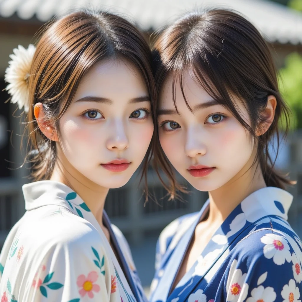 Breathtaking beauty,  perfect composition ,  proper placement , Golden Ratio,  high definition ,  top quality ,  exquisite resolution,  super detailed ,masterpiece,  Photorealistic , 8k,  2 beautiful Japanese women ,  2 mature adult Japanese women ,  wearing a Japanese yukata ,  flower-patterned yukata :1.331,  flat chest:1.331,  slender body:1.331, Thin limbs:1.331, Slim waist:1.331, Slim waist:1.331,  small butt, COMPLETE ANATOMY :1.331,  have small heads :1.331, Brown Hair,  chignon hair:1.21,  detailed face ,  delicate and realistic oily skin texture , Blurry outdoor background ,  dynamic and emotional movie light,  waiting to start