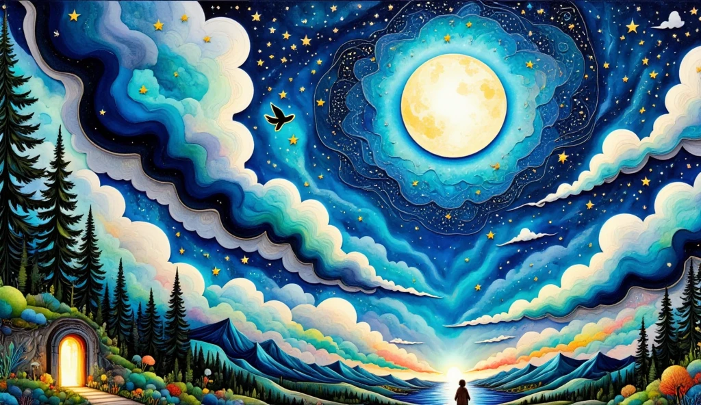 "An epic fantasy illustration featuring a luminous azure moon glowing in the night sky, casting its light over a misty forest and distant mountains. In the foreground, a lone hero, holding a sword, approaches a glowing ancient door carved with intricate golden symbols. The scene is enriched with mystical details such as a soaring bird silhouette against the moon and faint glowing particles resembling spirits. The color palette includes deep blues, radiant whites, and gold accents, creating a magical, mysterious atmosphere. The composition emphasizes the moon's grandeur and the hero's journey toward destiny."